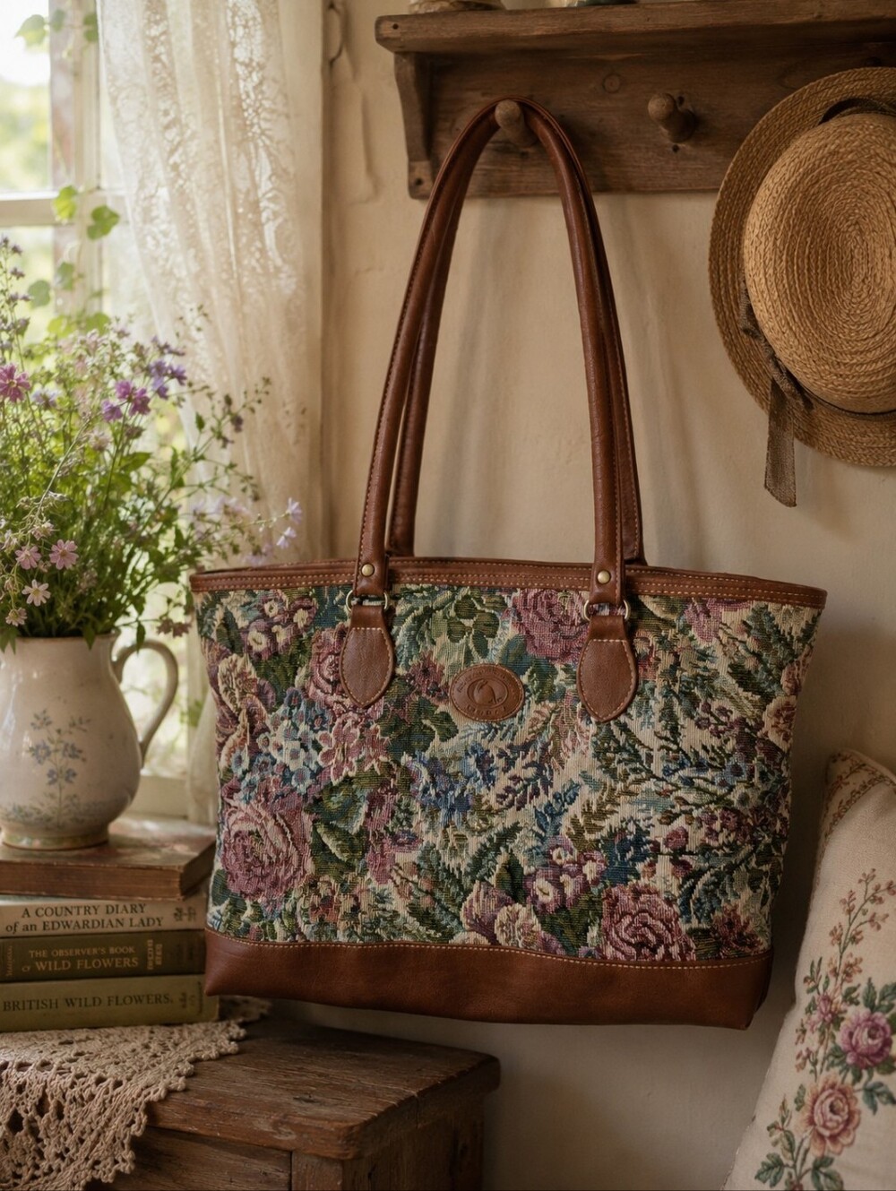 Vintage Mitzi Tapestry Shopper Tote Cottagecore Garden